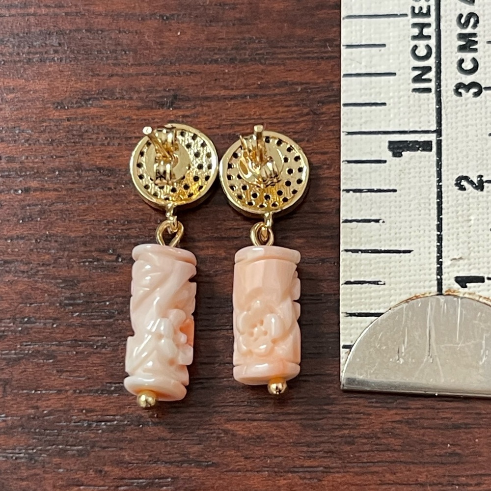 Hand carved undyed angel skin coral bezel set diamanté gold tone drop earrings - Picture 3 of 5